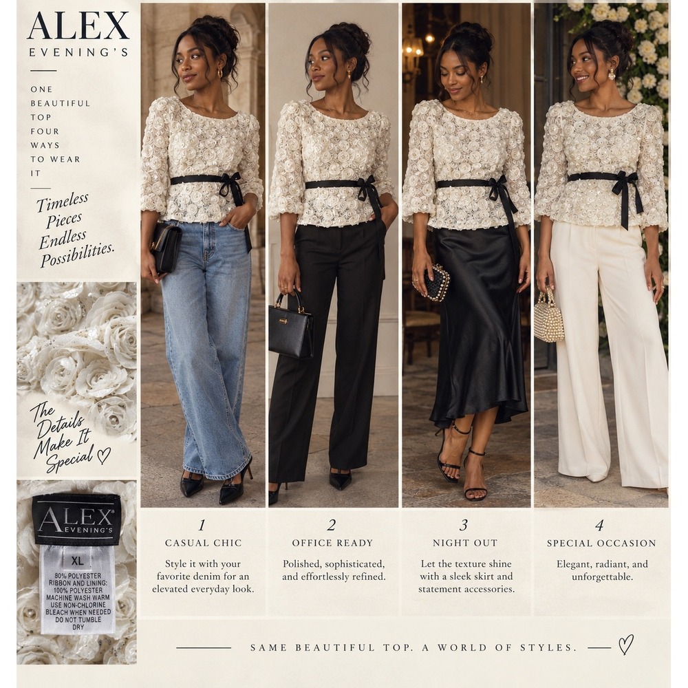Alex Evenings Women XL Rosette Peplum Top Ivory Sequin 3/4 Sleeve Ribbon Belt